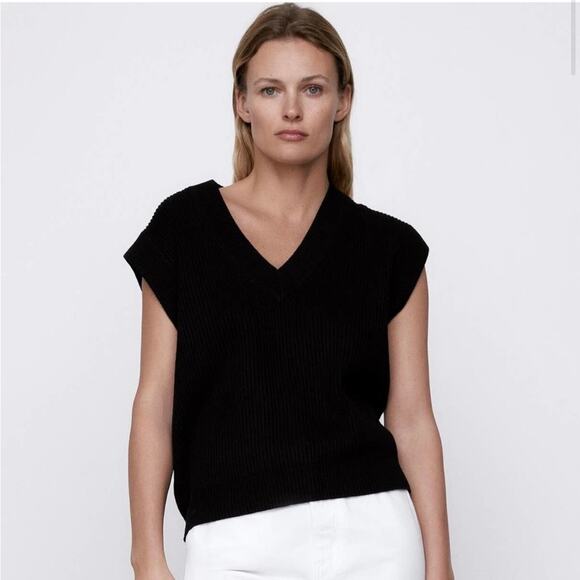ZARA Oversized Rib Knit Sleeveless V-Neck Pullover Sweater Vest Black Size Small - Picture 1 of 7